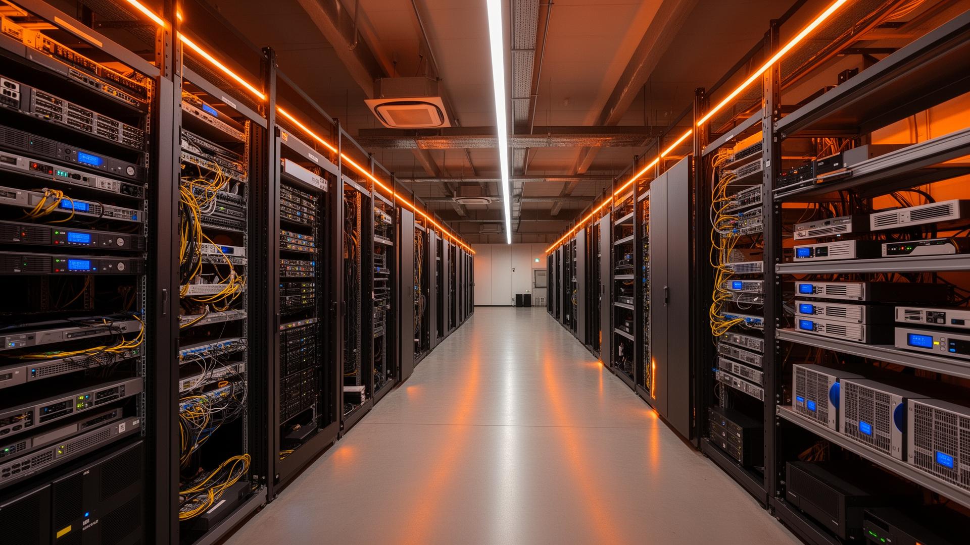 IT warehouse with server racks and enterprise equipment